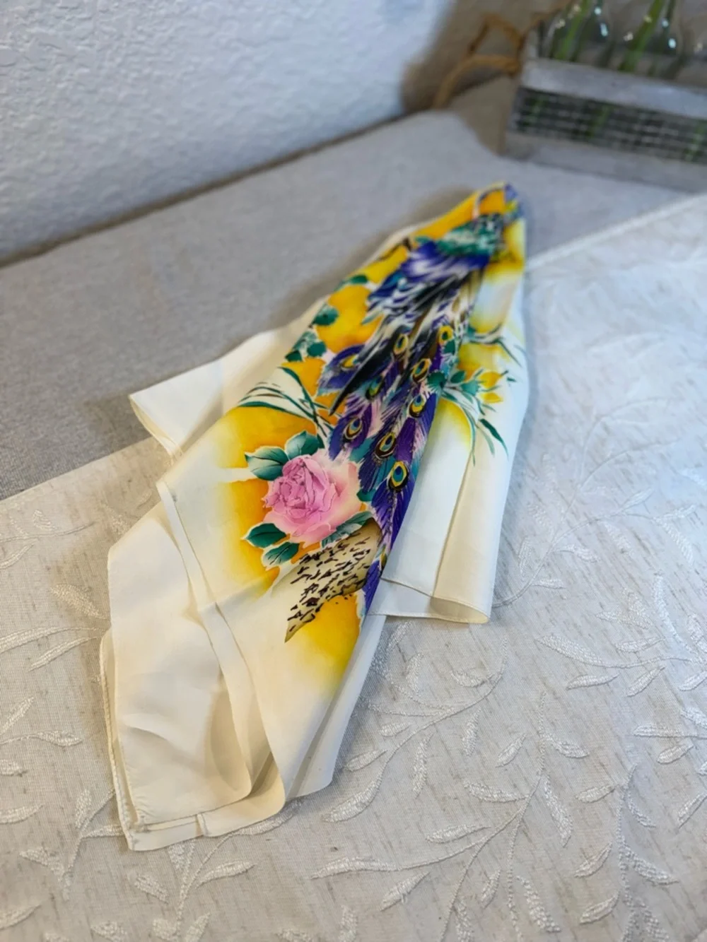 Vintage‎ Hand Painted Silk Scarf Peacock Peony Asian Chinoiserie 26x28 Cream